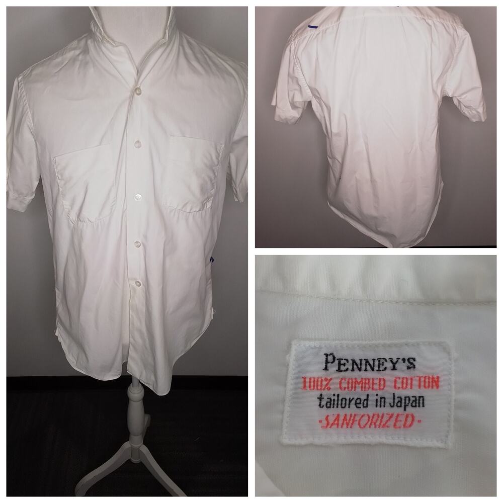 Penneys Vintage Men's Shirt White Button Down Short Sleeve with Gussets #W2837